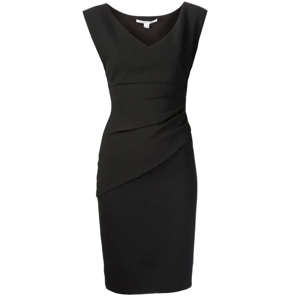 Diane Von Furstenberg Dress Womens 6 Black Jori V Neck Ruched Sheath Knee Length